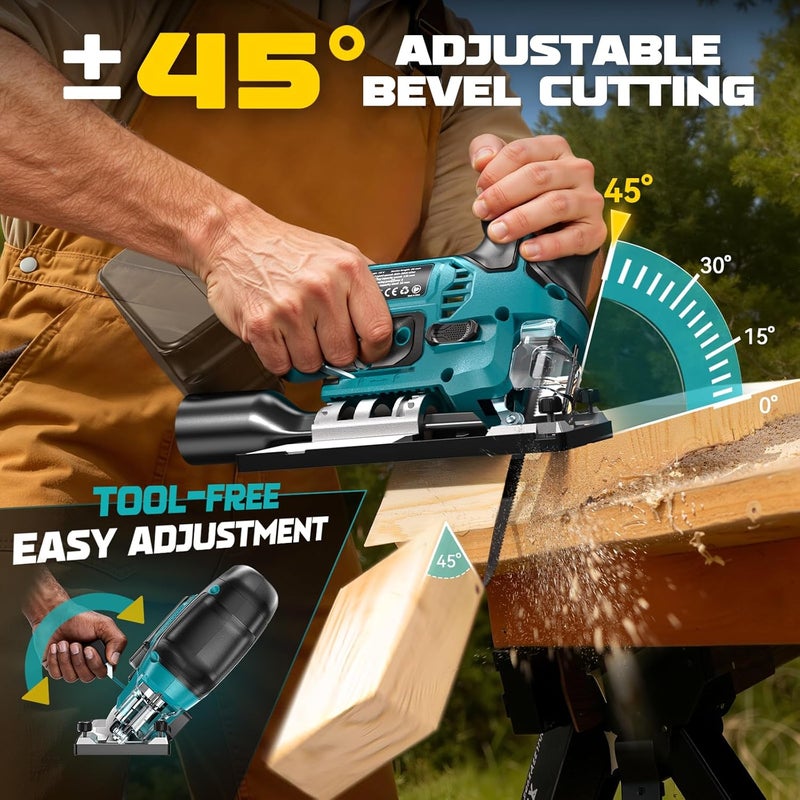 Ecarke Cordless&Brushless Jig Saw Compatible With Makita 18V Battery(Only Tool), 3800RPM, 7 Speeds Dial Control, Free-Tool ±45° Bevel Cuts, 4 Orbital Action, Dust Blows and 6 Blades For Cutting - Image 5
